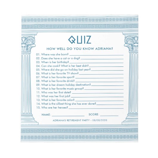 Bloc-note Quiz sur la fête de retraite budgétaire (Devant)