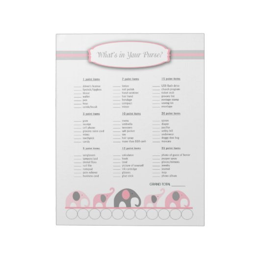 Bloc-note Qu'y a-t-il dans votre sac Eléphant Baby shower Je (Tourné)