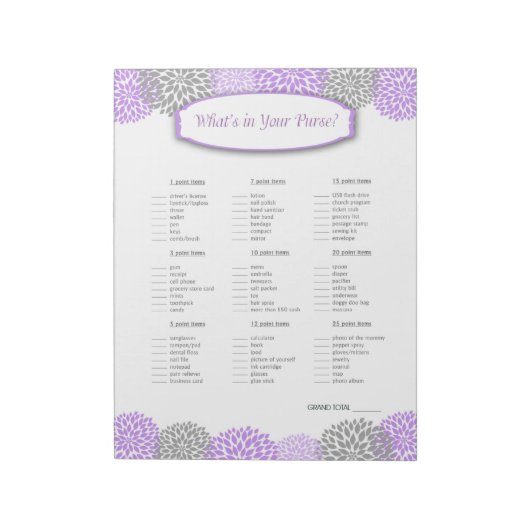 Bloc-note Qu'y a-t-il dans votre sac Jeu Dahlia Violet Gris (Tourné)