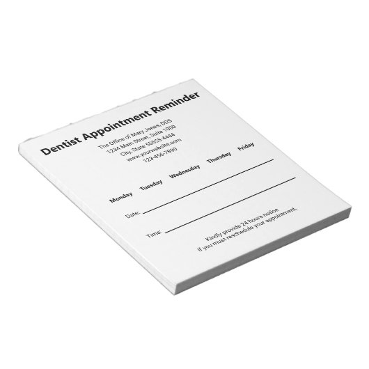 Bloc-note Rappel de rendez-vous chez le dentiste noir et bla (Incliné)