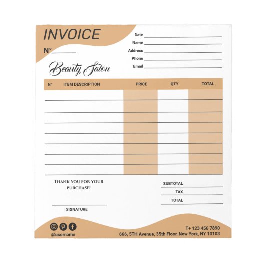 Bloc-note Réception vente de facture professionnelle Esthéti (Devant)