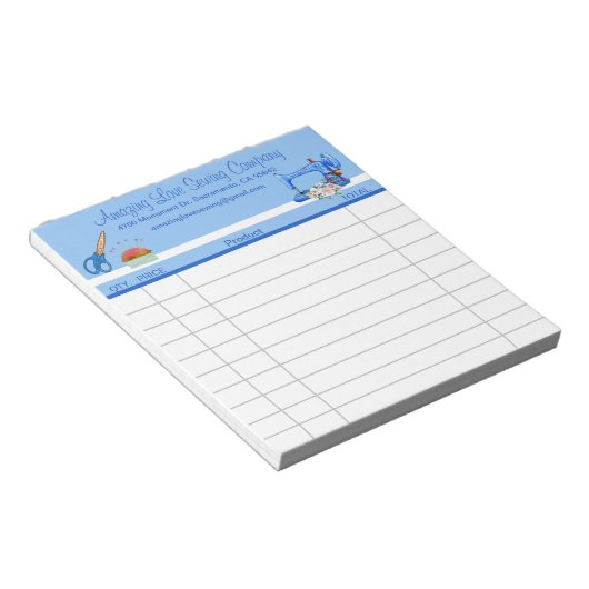 Bloc-note Réception vente de machine à coudre bleu blanc (Incliné)