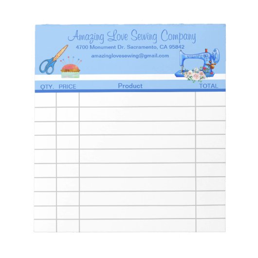 Bloc-note Réception vente de machine à coudre bleu blanc (Devant)