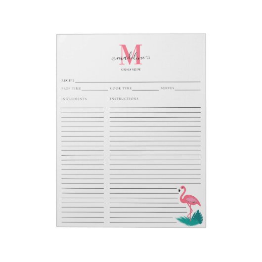 Bloc-note Recette de Flamant rose rose tropicale Monogramme (Tourné)