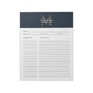 Bloc-note Recette de monogramme en or métallisé bleu marine