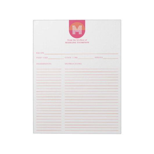 Bloc-note Recette de monogramme géométrique rose orange rétr (Tourné)