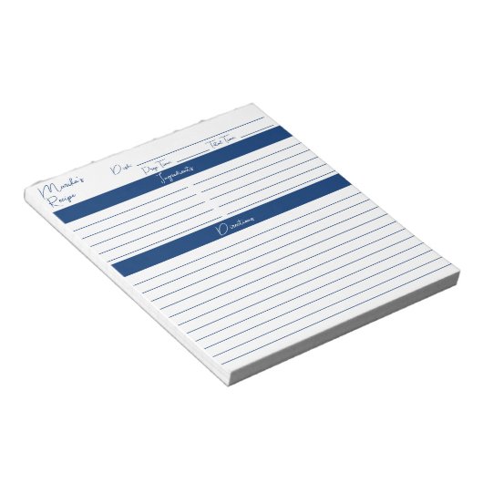 Bloc-note Recettes personnalisées de marine de script modern (Incliné)