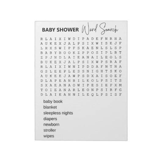 Bloc-note Recherche de mots pour jeu de Baby Shower (Tourné)