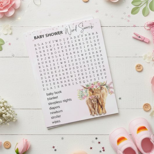 Bloc-note Recherche de mots pour jeu de Baby Shower Vache Hi