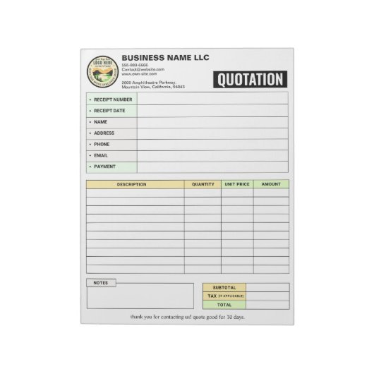 Bloc-note Reçu de facture / commande de vente | Devis d'entr (Tourné)