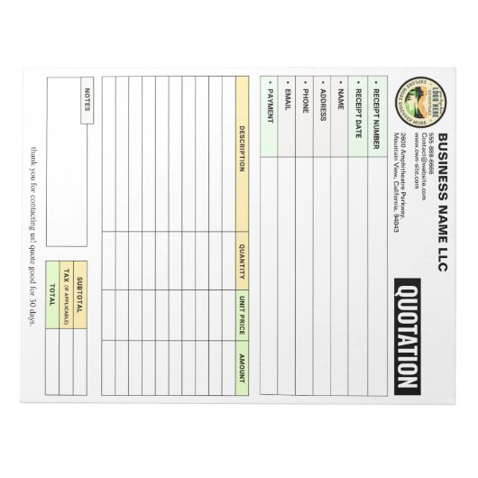 Bloc-note Reçu de facture / commande de vente | Devis d'entr (Devant)