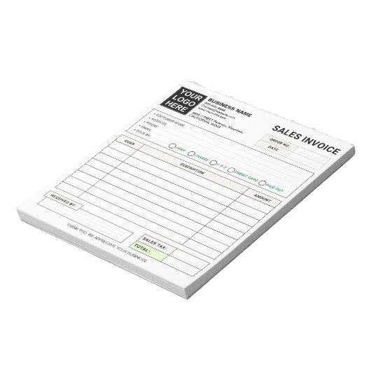 Bloc-note Reçu de facture de vente | Logo de l'entreprise /  (Tourné)