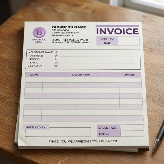 Bloc-note Reçu de vente de facture violet moderne | Logo de 