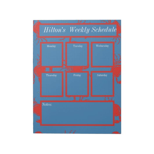Bloc-note Red crabs on blue weekly schedule notes (Tourné)