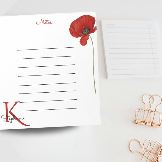 Bloc-note Remarques sur le Poppy rouge de Monogramme élégant
