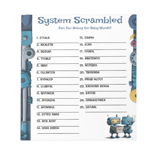 Bloc-note Robot Baby shower Word Scramble Activité Pad (Devant)