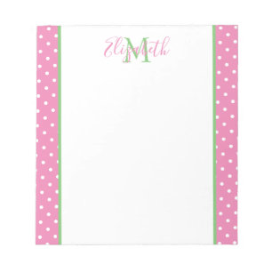 Bloc-note Rose et blanc à pois avec monogramme vert