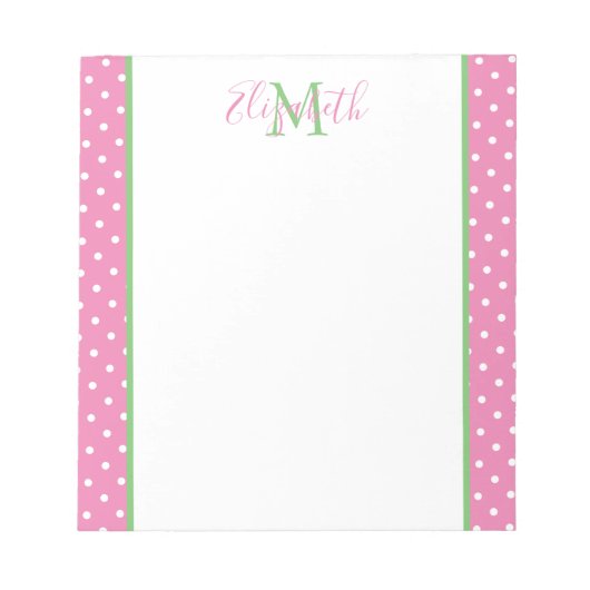 Bloc-note Rose et blanc à pois avec monogramme vert (Devant)