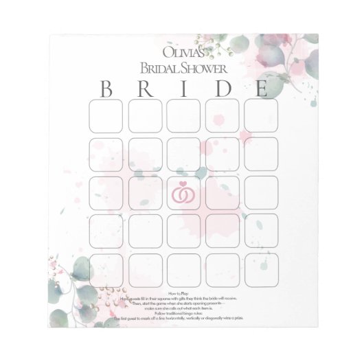 Bloc-note Rose et Vert Eucalyptus de mariage Bingo aquarelle (Devant)