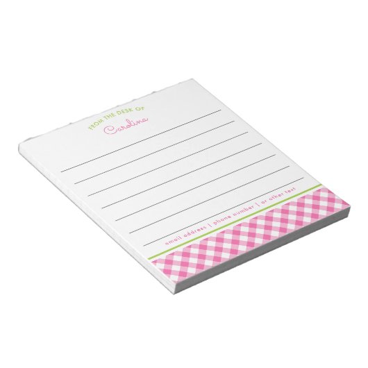 Bloc-note Rose Féminin & Vert Script Gingham Ligné (Incliné)