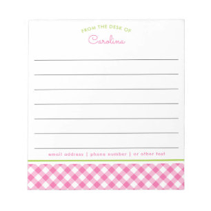 Bloc-note Rose Féminin & Vert Script Gingham Ligné