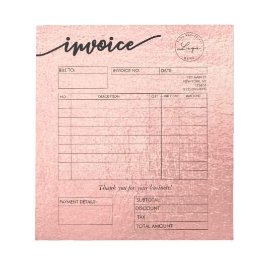 Bloc-note Rose Gold Custom Logo Boulangerie Facture Pâtisser (Devant)