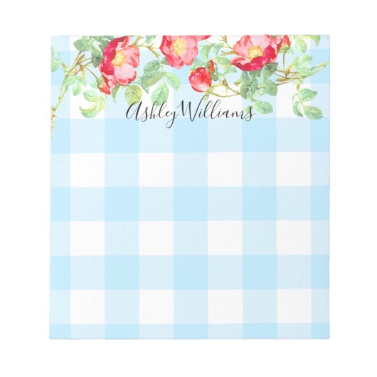 Bloc-note Rose rouge Floral Bleu Buffalo Plaid Script Monogr (Devant)