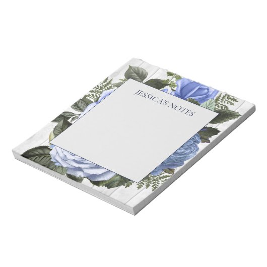 Bloc-note Roses Bleus Bois Rustique Blanc Note de Nom (Tourné)