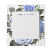 Bloc-note Roses Bleus Bois Rustique Blanc Note de Nom (Devant)