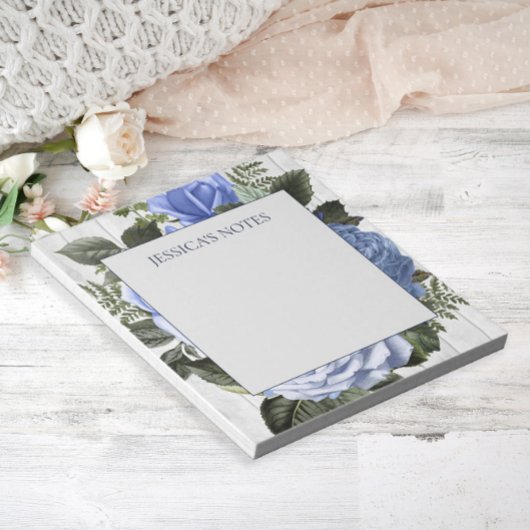 Bloc-note Roses Bleus Bois Rustique Blanc Note de Nom