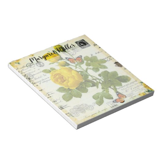 Bloc-note Roses et papillons jaunes personnalisés (Incliné)