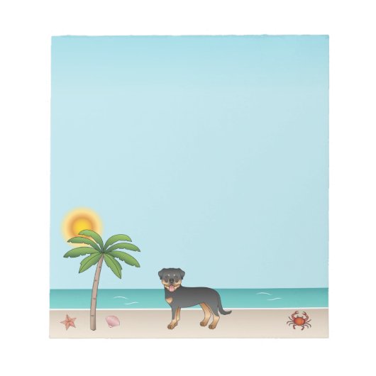 Bloc-note Rottweiler noir et feu sur une plage tropicale en (Devant)