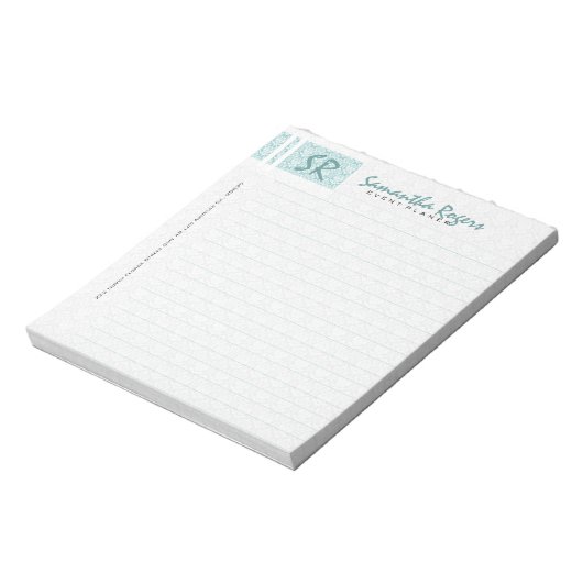 Bloc-note Sage monogramme vert et blanc Damas (Tourné)