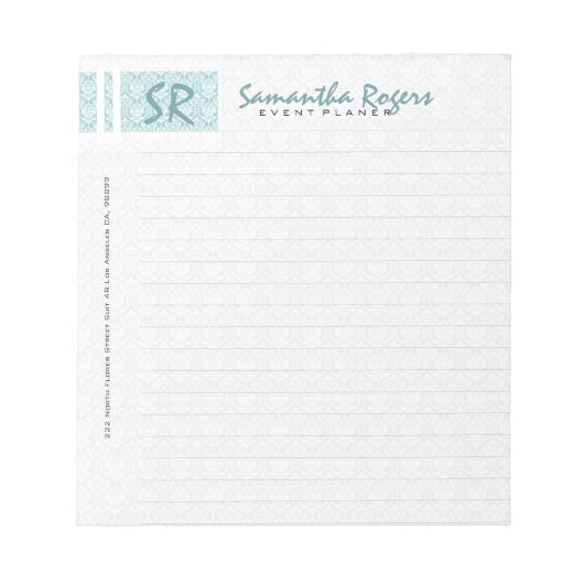 Bloc-note Sage monogramme vert et blanc Damas (Devant)