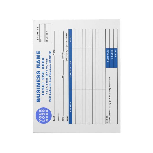Bloc-note Sales Invoice Form Custom Printed with Your Info (Tourné)