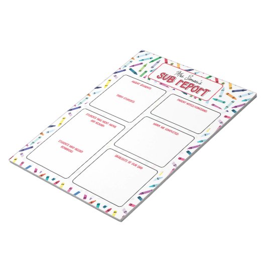 Bloc-note Scattered Crayons Substitute Teacher Report Note (Incliné)