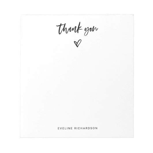 Bloc-note Script Décontracté noir et blanc et Merci de coeur (Devant)