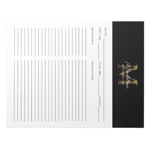 Bloc-note Script minimal Noir Metallic Gold Monogramme Recet (Devant)