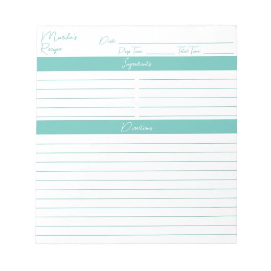 Bloc-note Script moderne Elegant Aqua Recettes personnalisée (Devant)