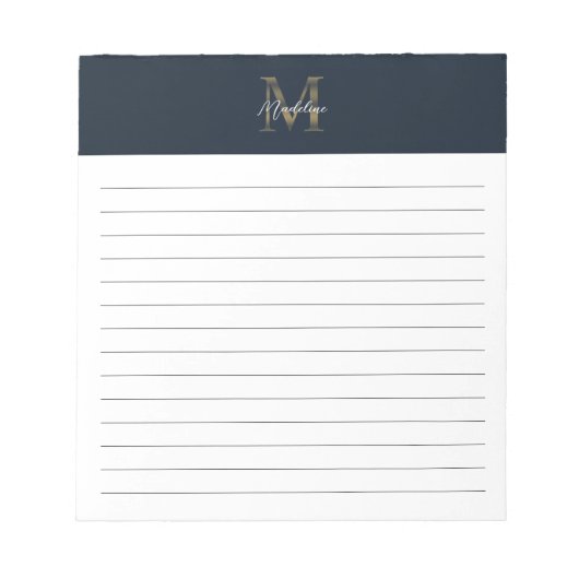 Bloc-note Script Monogramme Doré Bleu Nuit Métallisé Ligné (Devant)