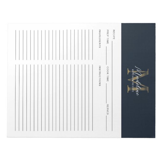 Bloc-note Script Navy Blue Metallic Gold Monogram Recipe (Devant)