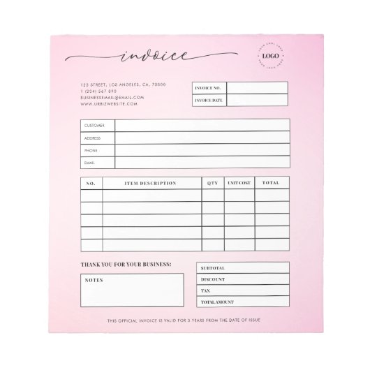 Bloc-note Script rose Réception de facture de la petite entr (Devant)