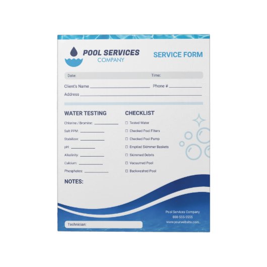 Bloc-note Services De Piscine | Formulaire de service de mai (Tourné)