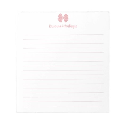 Bloc-note Simple Blush Rose Bow Script Custom Name Lined  (Devant)