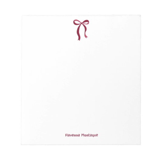 Bloc-note Simple Burgundy Bow Script Custom Name Script (Devant)
