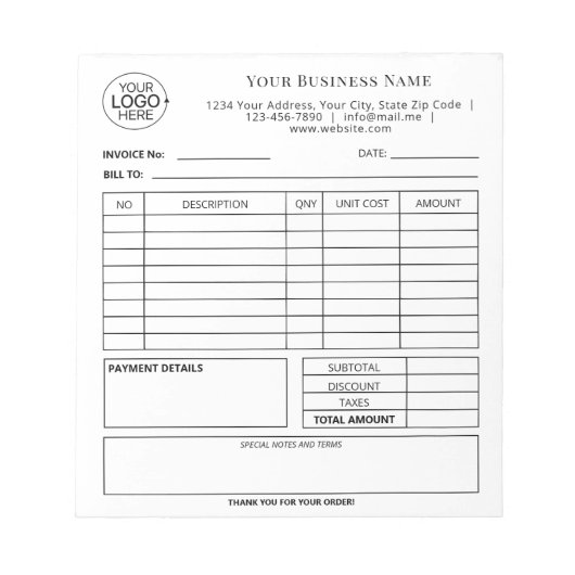 Bloc-note Simple noir et blanc Ajouter votre facture de logo (Devant)