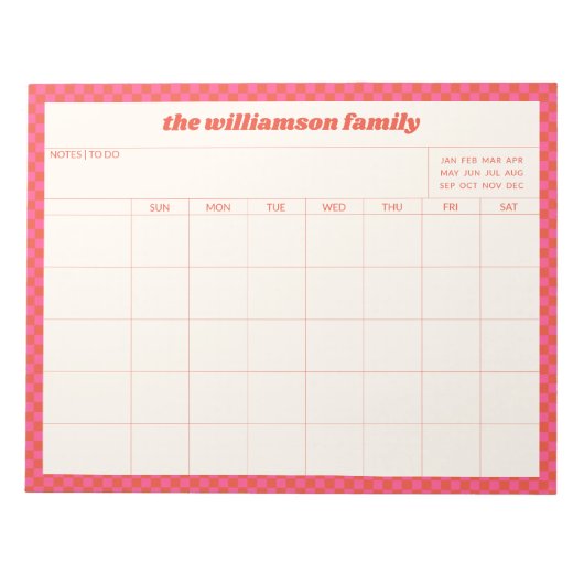 Bloc-note Simple Pink Red Checkered Family Planner Calendar (Devant)