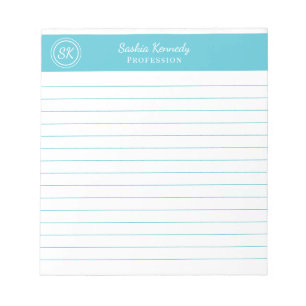 Bloc-note Simplement Élégant Monogramme Ligné Bleu Océan
