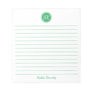 Bloc-note Simply Elegant Green Lined Monogram Personalized