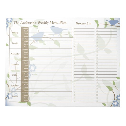 Bloc-note Song Birds Floral Weekly Personnalisé Meal Planner (Devant)